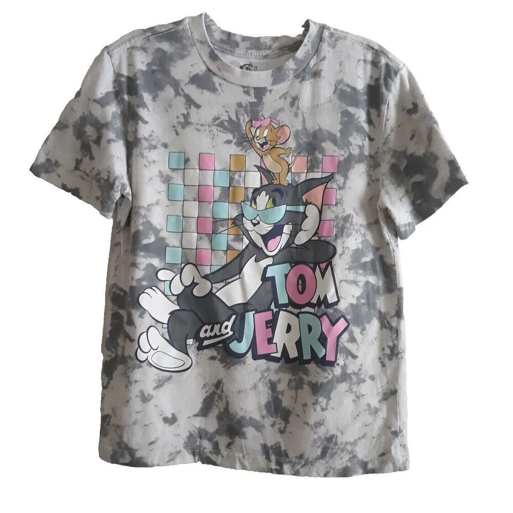 Tom & Jerry Graphic Cartoon T Shirt Women XS Gray Pink Acid Wash Short Sleeves